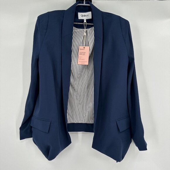 Quince Jackets & Blazers - Quince Crepe Open Front Blazer sz S Navy Blue Wrinklefree Career Shoulder Pads